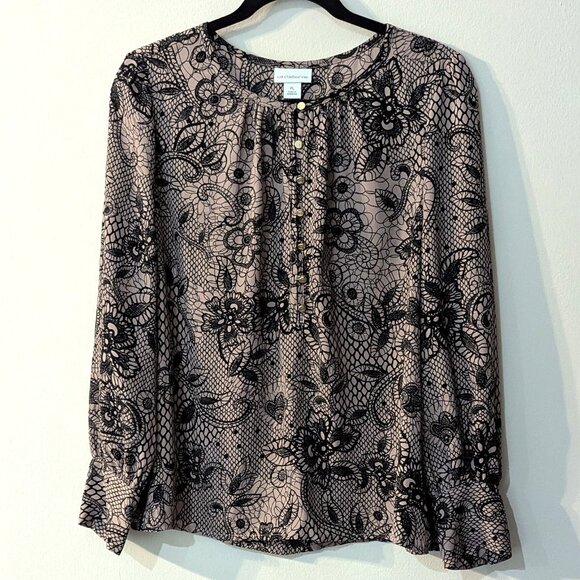 Liz Caliborne Women's Taupe Floral Long Sleeve Blouse. Size PL - Picture 1 of 4